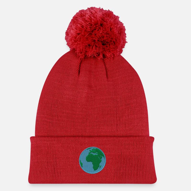 Die Erde bestickt - Kinder Strickmütze mit Bommel - Rot