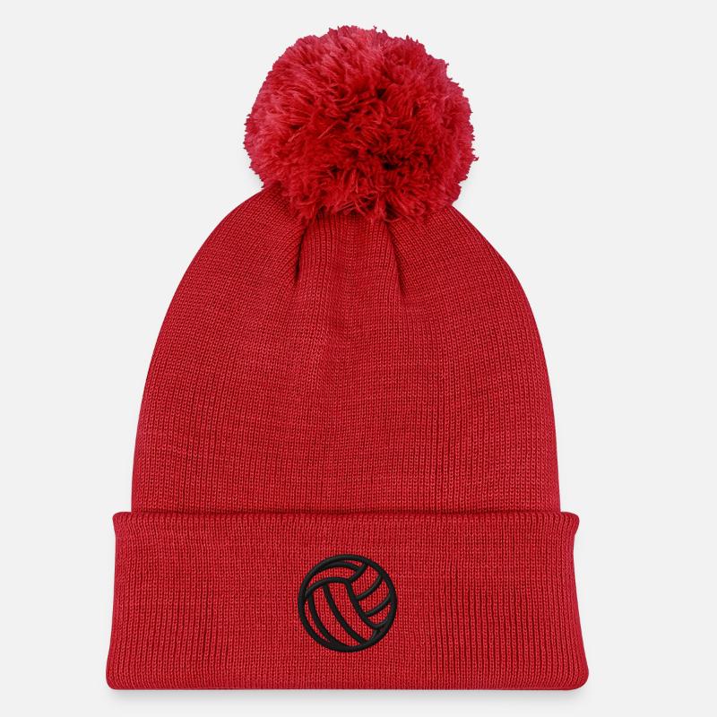 Volleyball schwarz bestickt - Kinder Strickmütze mit Bommel - Rot