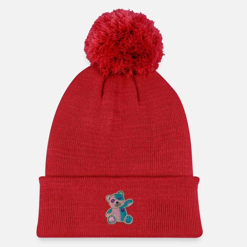 Patch Teddy Bear - Bonnet tricoté à pompon Enfant - rouge