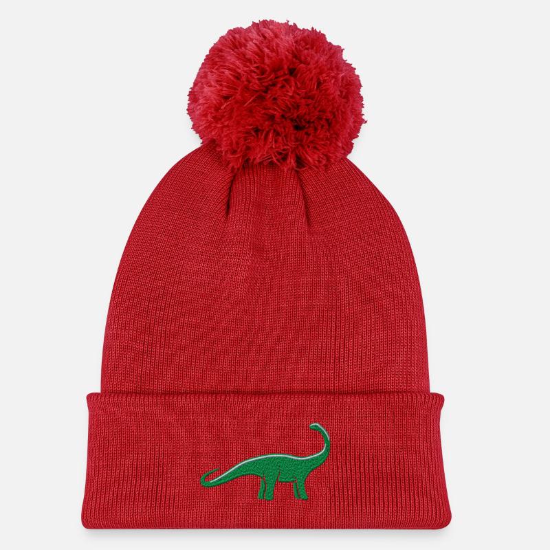 Dino bestickt - Kinder Strickmütze mit Bommel - Rot