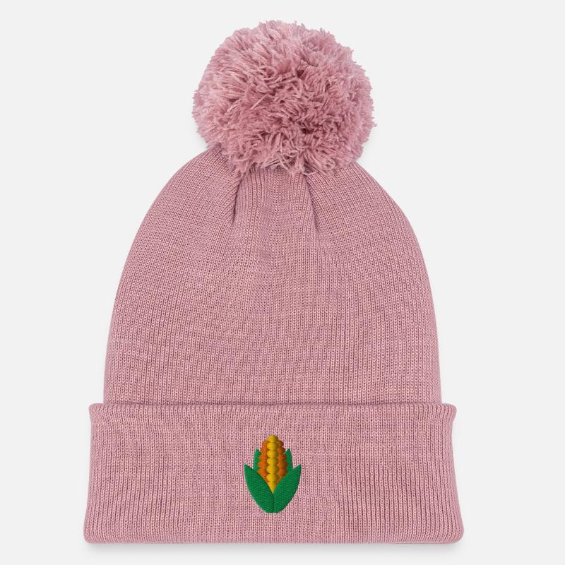 Mais bestickt - Kinder Strickmütze mit Bommel - Altrosa