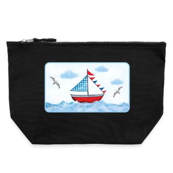 Voilier bleu sur la mer - peint à la main - Pochette zippée en toile 22 x 23 cm - noir - Devant