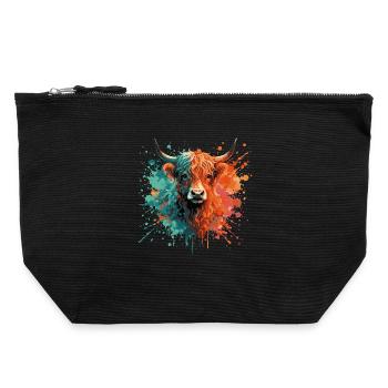 Highland Cattle Watercolor Painting – Color Splash Animal Art - Canvas Zip Pouch 22 x 23 cm - black - Front