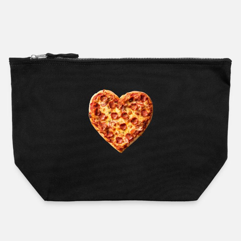 Heart Pepperoni Pizza Pattern - Canvas Zip Pouch 22 x 23 cm - black