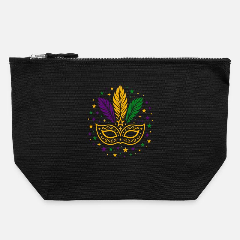 Masque de carnaval avec plumes et étoiles - Pochette zippée en toile 22 x 23 cm - noir
