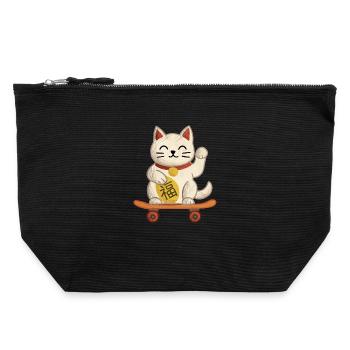 Maneki-neko Chat Planche à roulettes - Pochette zippée en toile 22 x 23 cm - noir - Devant
