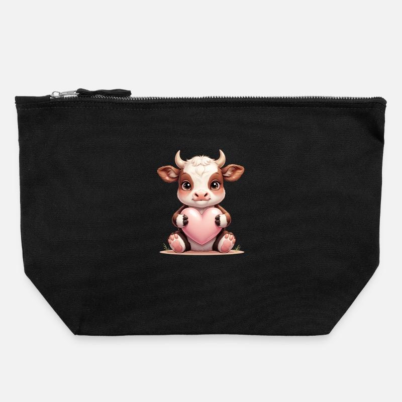 Bébé vache avec du cœur - Pochette zippée en toile 22 x 23 cm - noir