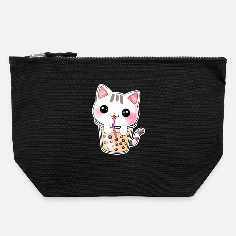 Kawaii Bubble Tea Chat - Pochette zippée en toile 22 x 23 cm - noir