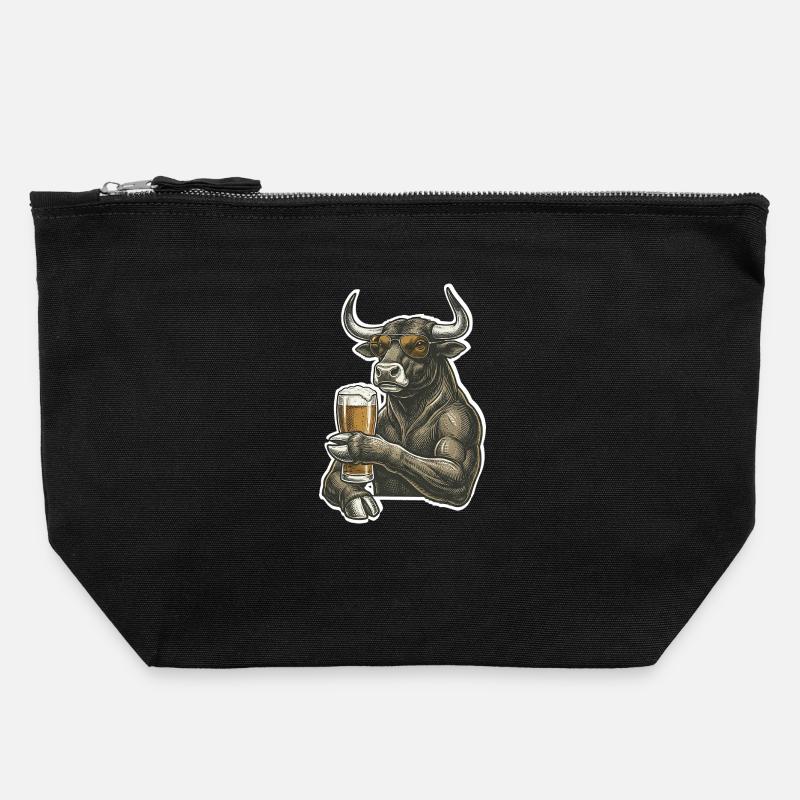 Cooler Stier Mit Bier - Canvas Reißverschluss-Täschchen (22 x 23 cm) - Schwarz