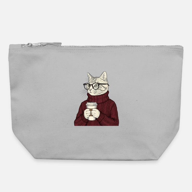 Sophisticated Coffee Cat  - Canvas Reißverschluss-Täschchen (22 x 23 cm) - Grau meliert