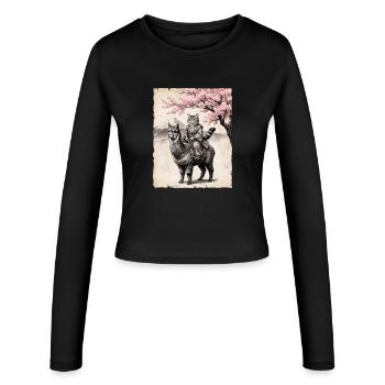 Katze reitet Lama - Frauen Slim Fit Langarmshirt - Schwarz - Vorne - AI Model Female 172 light (172cm)