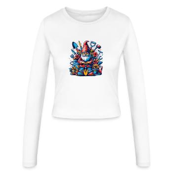 Bunter,grimmiger Gartenzwerg mit Blumen & Werkzeug - Frauen Slim Fit Langarmshirt - Weiß - Vorne - AI Model Female 172 light (172cm)