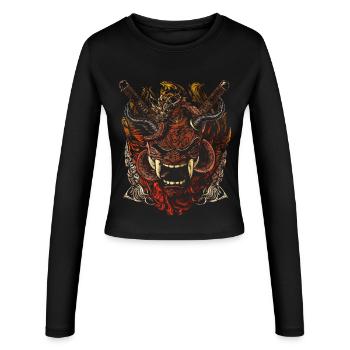 Oni Samurai Mask – Japanese Demon Art - Women's Slim Fit Longsleeve - black - Front - AI Model Female 172 light (172cm)