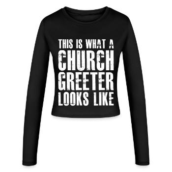 this is what a church greeter looks like - Frauen Slim Fit Langarmshirt - Schwarz - Vorne - AI Model Female 172 light (172cm)
