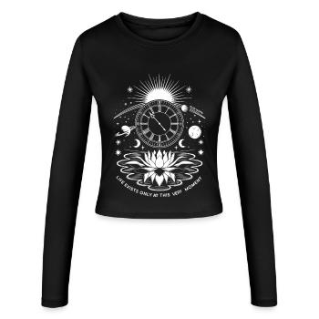 Moment présent | Alan Watts Lotus Design - Manches longues slim fit Femme - noir - Devant - AI Model Female 172 light (172cm)