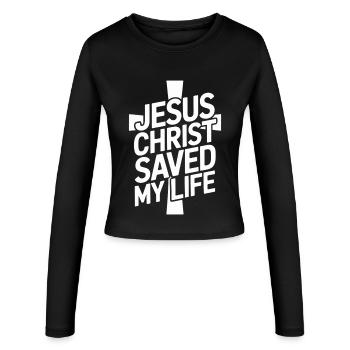  Jesus Christus hat mein Leben gerettet - Frauen Slim Fit Langarmshirt - Schwarz - Vorne - AI Model Female 172 light (172cm)
