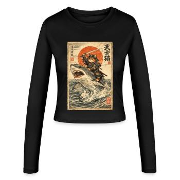 Chat samouraï, guerrier et combattant japonais, requin - Manches longues slim fit Femme - noir - Devant - AI Model Female 172 light (172cm)