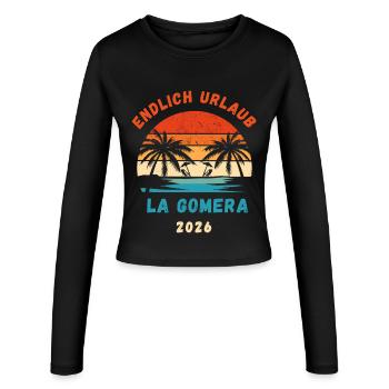 La Gomera Urlaub 2026 Kanaren Reise Outfit - Frauen Slim Fit Langarmshirt - Schwarz - Vorne - AI Model Female 172 light (172cm)