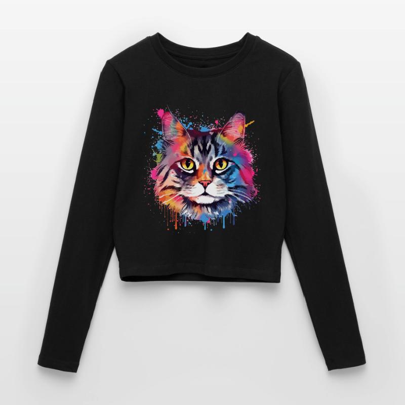 Art coloré éclaboussé Visage de chat américain à queue courte Manches longues slim fit Femme