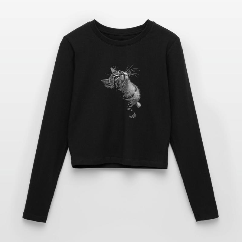 Graustufen Katzenschnurrer Blick Frauen Slim Fit Langarmshirt