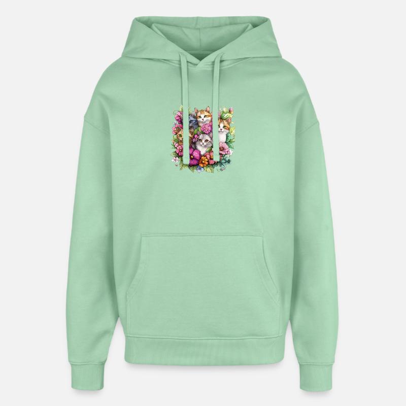 Des chats dans le jardin fleuri - Sweat à capuche unisexe Stanley/Stella Oversized - jade brumeux