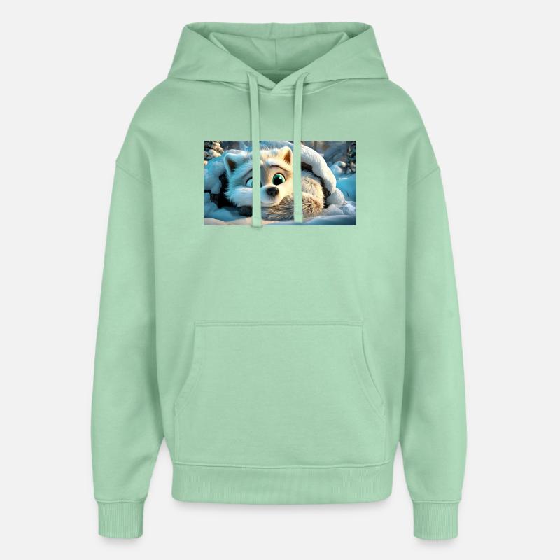 Renard arctique duveteux dans la neige - Sweat à capuche unisexe Stanley/Stella Oversized - jade brumeux