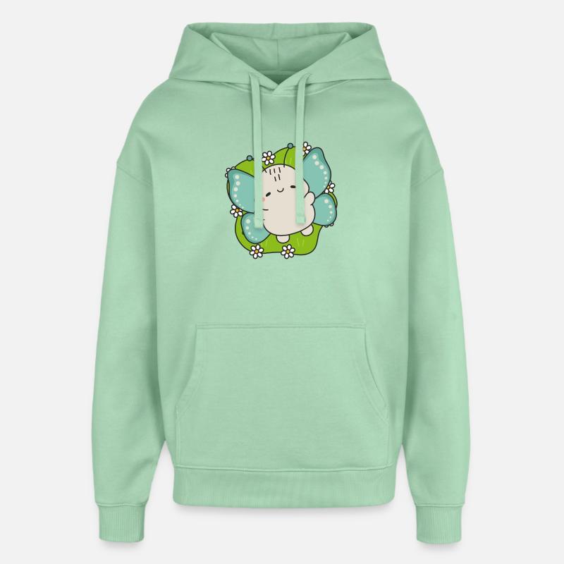 Papillon kawaii sur feuille verte - Sweat à capuche unisexe Stanley/Stella Oversized - jade brumeux