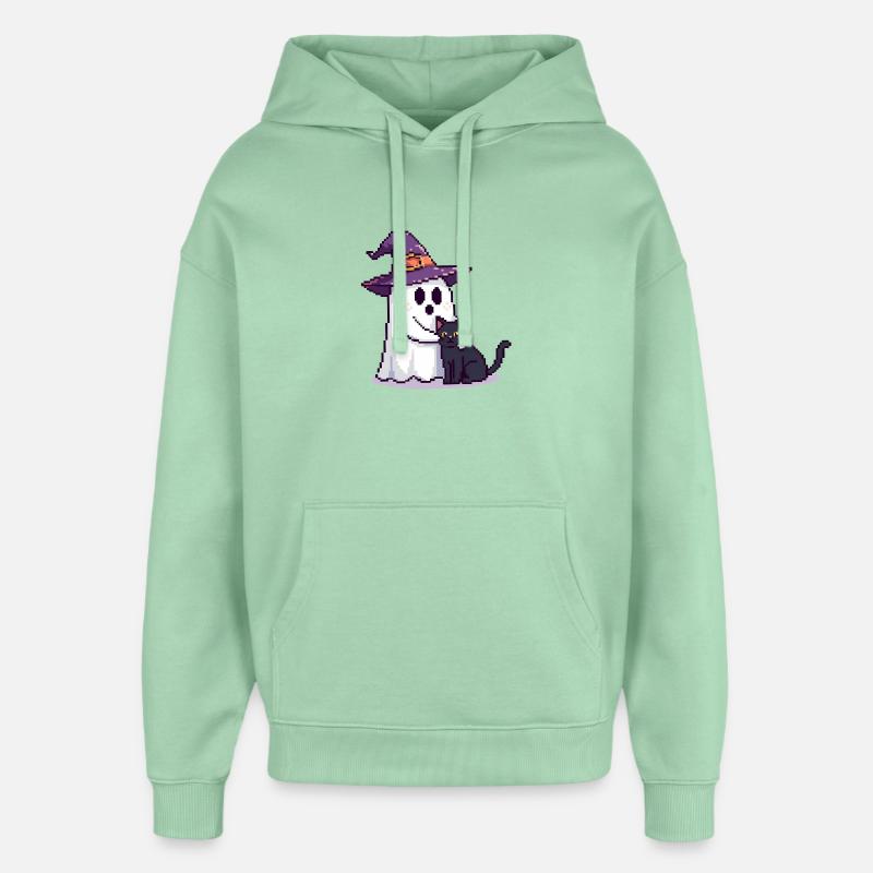 Pixel Geist mit Hexenhut & Katze – Halloween - Oversized Unisex Hoodie von Stanley/Stella - Nebeljade