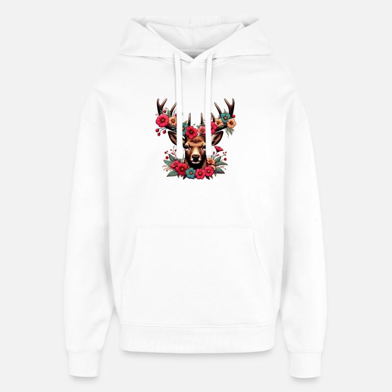 Cerf avec des fleurs - Sweat à capuche unisexe Stanley/Stella Oversized - blanc