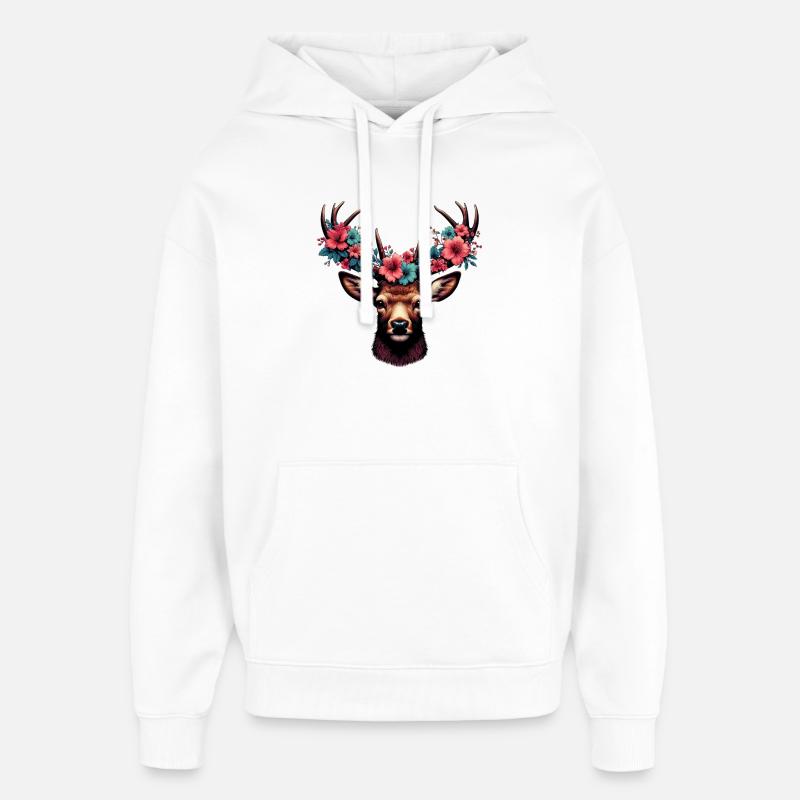 Cerf avec des fleurs - Sweat à capuche unisexe Stanley/Stella Oversized - blanc