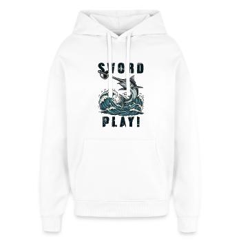 Schwertfisch-Schwertspiel Vintage Humor - Oversized Unisex Hoodie von Stanley/Stella - Weiß - Vorne - AI Model Female 172 light (172cm) & AI Model Male 185 light (185cm)