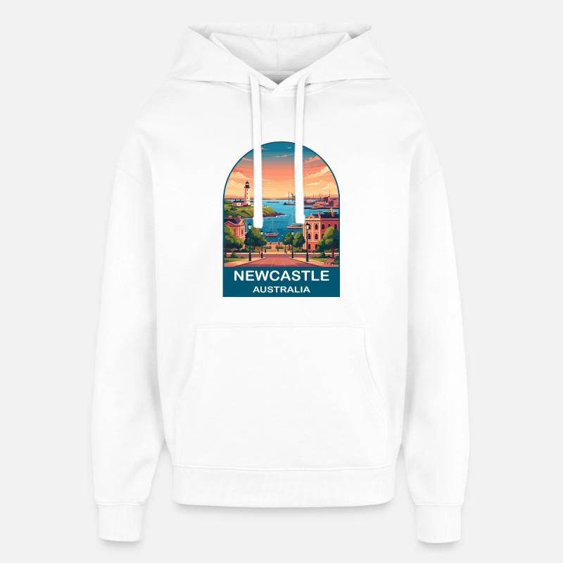 Newcastle, Australie, Nobbys Lighthouse Travel Art - Sweat à capuche unisexe Stanley/Stella Oversized - blanc