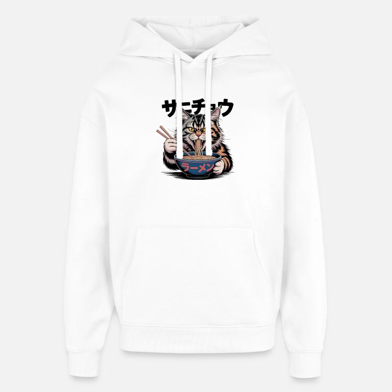 Chat Ramen affamé Chat Drôle Design - Sweat à capuche unisexe Stanley/Stella Oversized - blanc