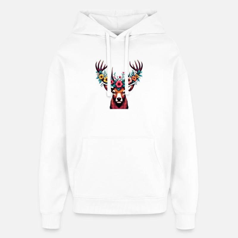 Cerf avec des fleurs - Sweat à capuche unisexe Stanley/Stella Oversized - blanc