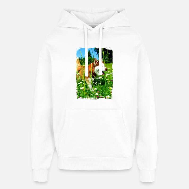 Husky dans un champ de fleurs - Sweat à capuche unisexe Stanley/Stella Oversized - blanc