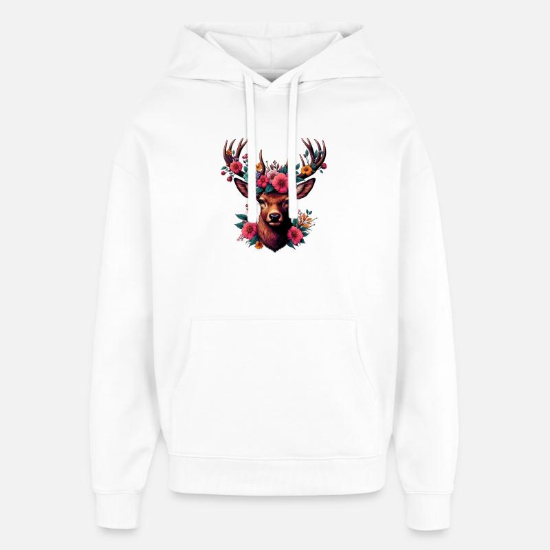Cerf avec des fleurs - Sweat à capuche unisexe Stanley/Stella Oversized - blanc