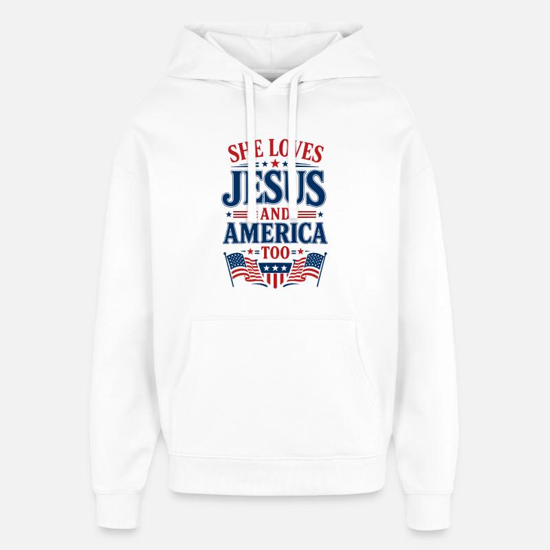 Elle aime Jésus et l’Amérique - Sweat à capuche unisexe Stanley/Stella Oversized - blanc