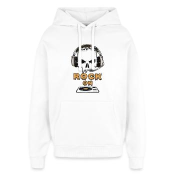 Rock Music On - Oversized Unisex Hoodie von Stanley/Stella - Weiß - Vorne - AI Model Female 172 light (172cm) & AI Model Male 185 light (185cm)