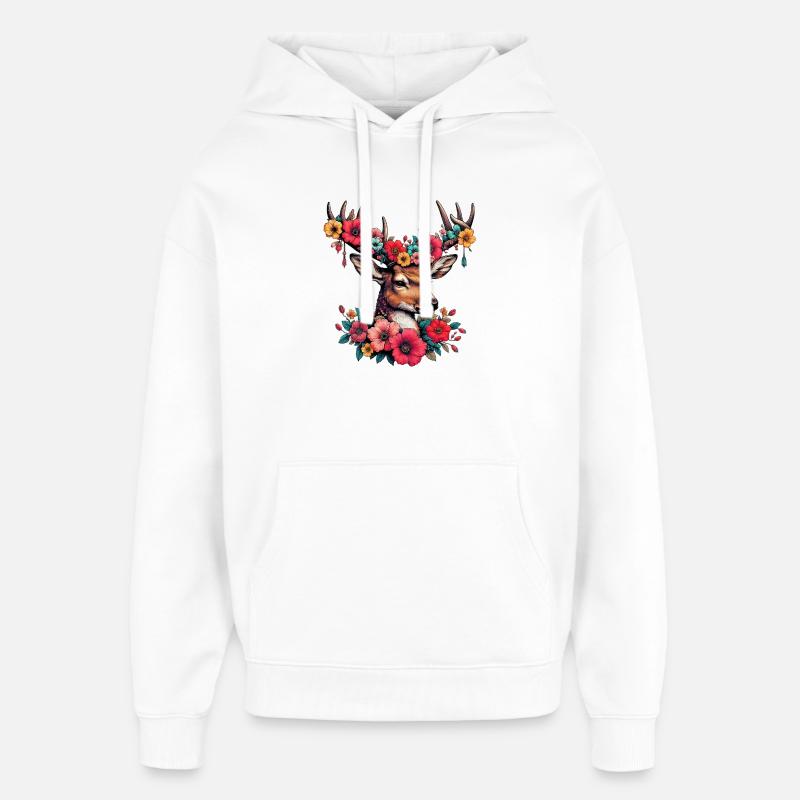 Cerf avec des fleurs - Sweat à capuche unisexe Stanley/Stella Oversized - blanc