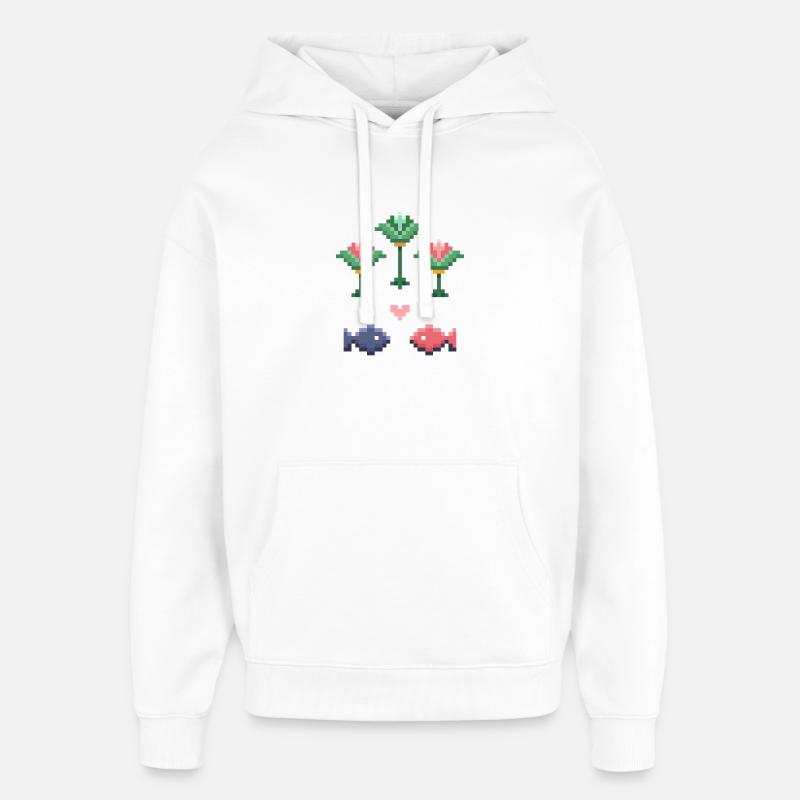 Pixel Art Motif Poisson et Fleur - Sweat à capuche unisexe Stanley/Stella Oversized - blanc