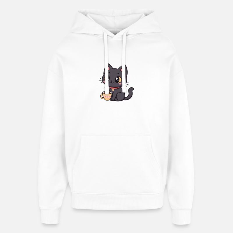 Chat noir chaleureux avec thé - Sweat à capuche unisexe Stanley/Stella Oversized - blanc
