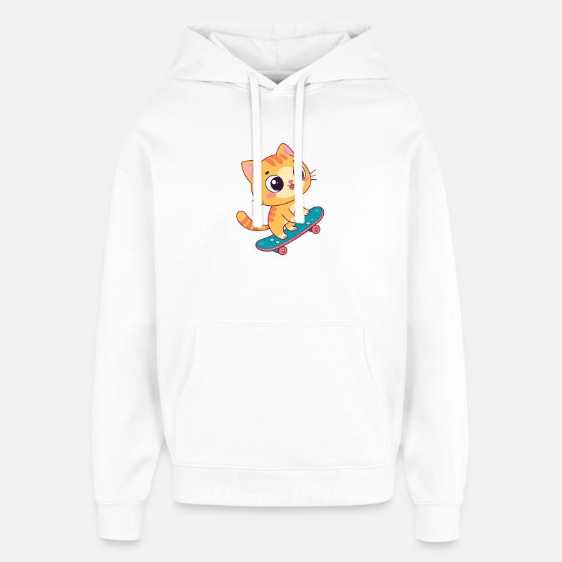 Chaton kawaii sur skateboard - Sweat à capuche unisexe Stanley/Stella Oversized - blanc