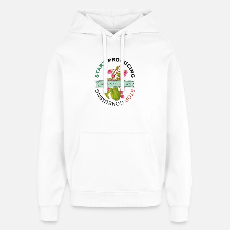 COMMENCER À PRODUIRE | ARRÊTEZ DE CONSOMMER - Sweat à capuche unisexe Stanley/Stella Oversized - blanc