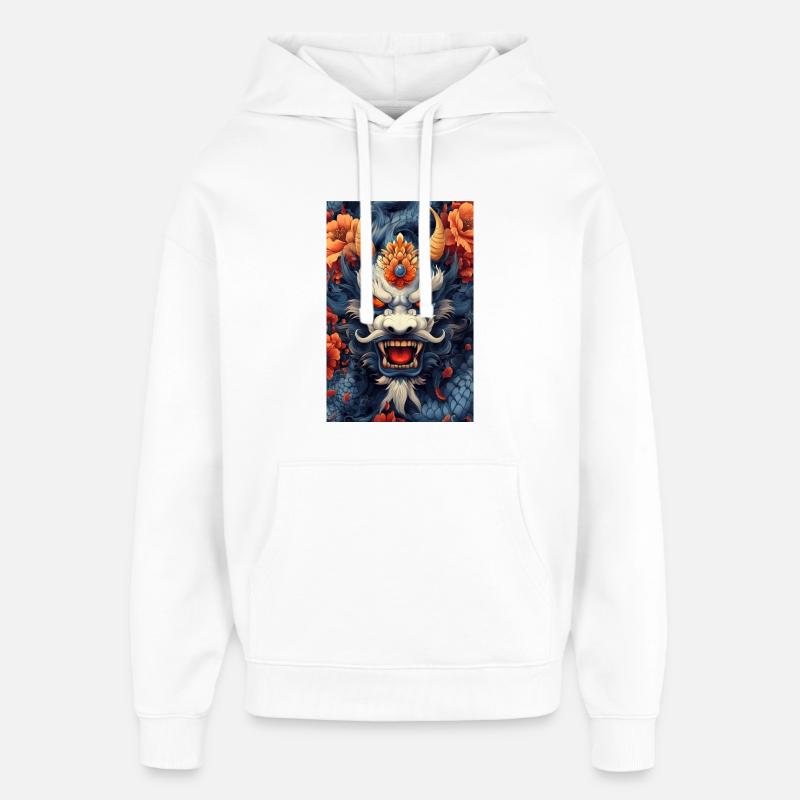 Tête de Dragon Bleue avec des Fleurs de Feu - Sweat à capuche unisexe Stanley/Stella Oversized - blanc