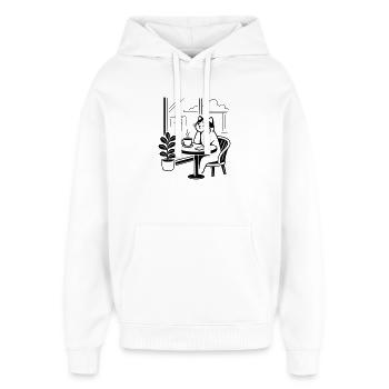 Nachdenkliche Katze Café - Oversized Unisex Hoodie von Stanley/Stella - Weiß - Vorne - AI Model Female 172 light (172cm) & AI Model Male 185 light (185cm)