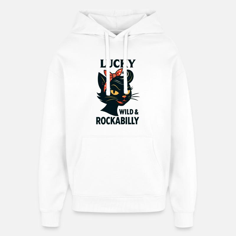 Lucky, Wild & Rockabilly : Black Retro Cat - Sweat à capuche unisexe Stanley/Stella Oversized - blanc