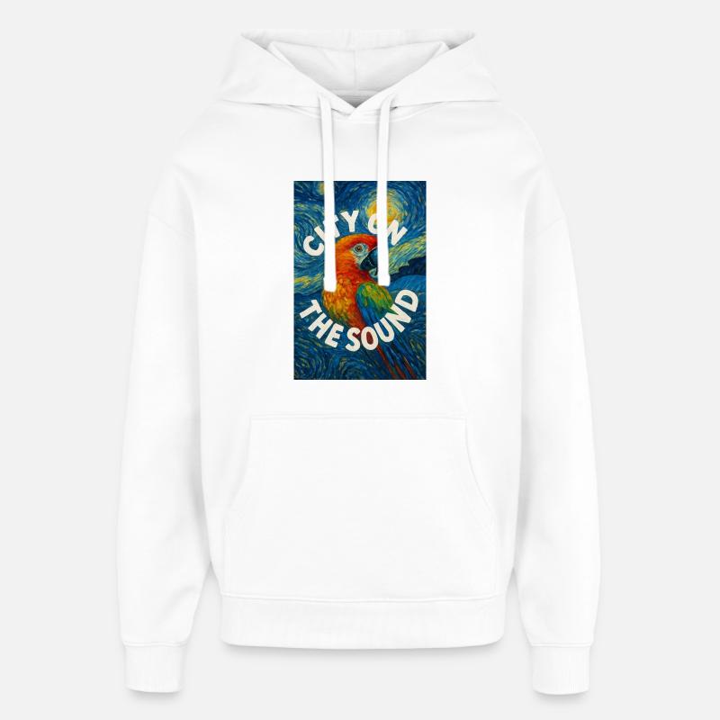 Vibrant_Macaw_Amidst_Swirling_Post-Impressionis - Sweat à capuche unisexe Stanley/Stella Oversized - blanc