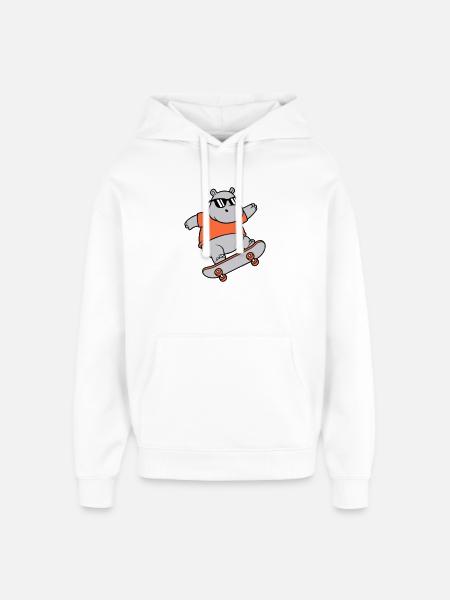 Cool Hippopotamus Skater Skateboard Vector - Oversized Unisex Hoodie by Stanley/Stella - white