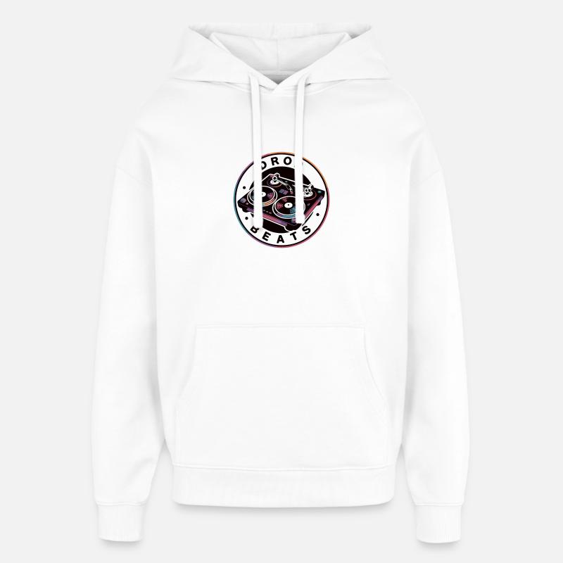 Illustration d'une platine Drop Beat - Sweat à capuche unisexe Stanley/Stella Oversized - blanc