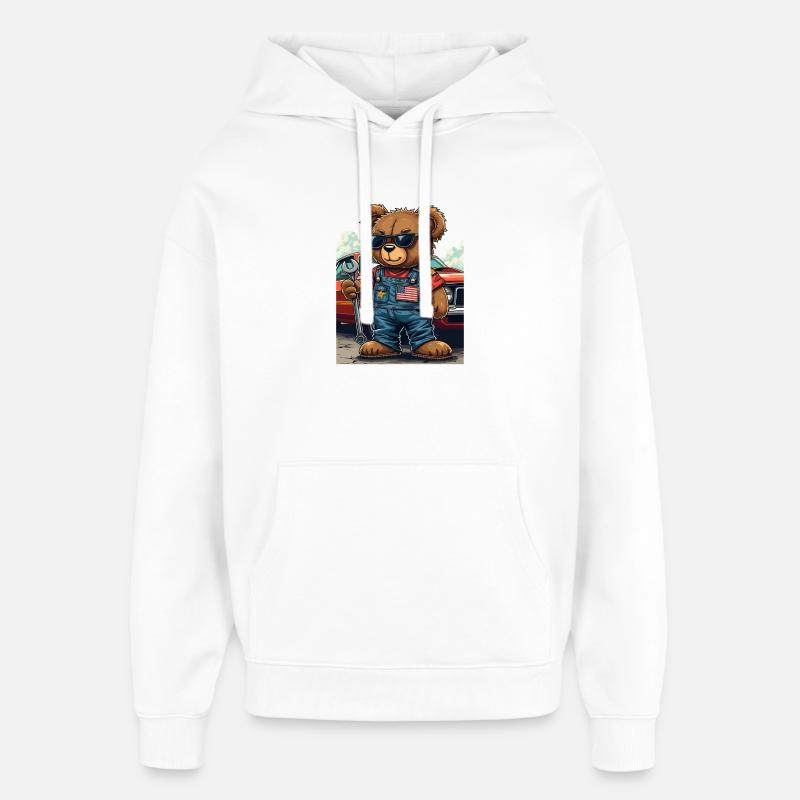 Mécanicien ours en muscle car - Sweat à capuche unisexe Stanley/Stella Oversized - blanc